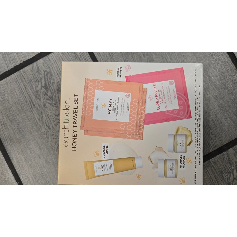 Earth to Skin Honey Travel Set Cleanser Day Night Cream & 3 Sheet Masks New